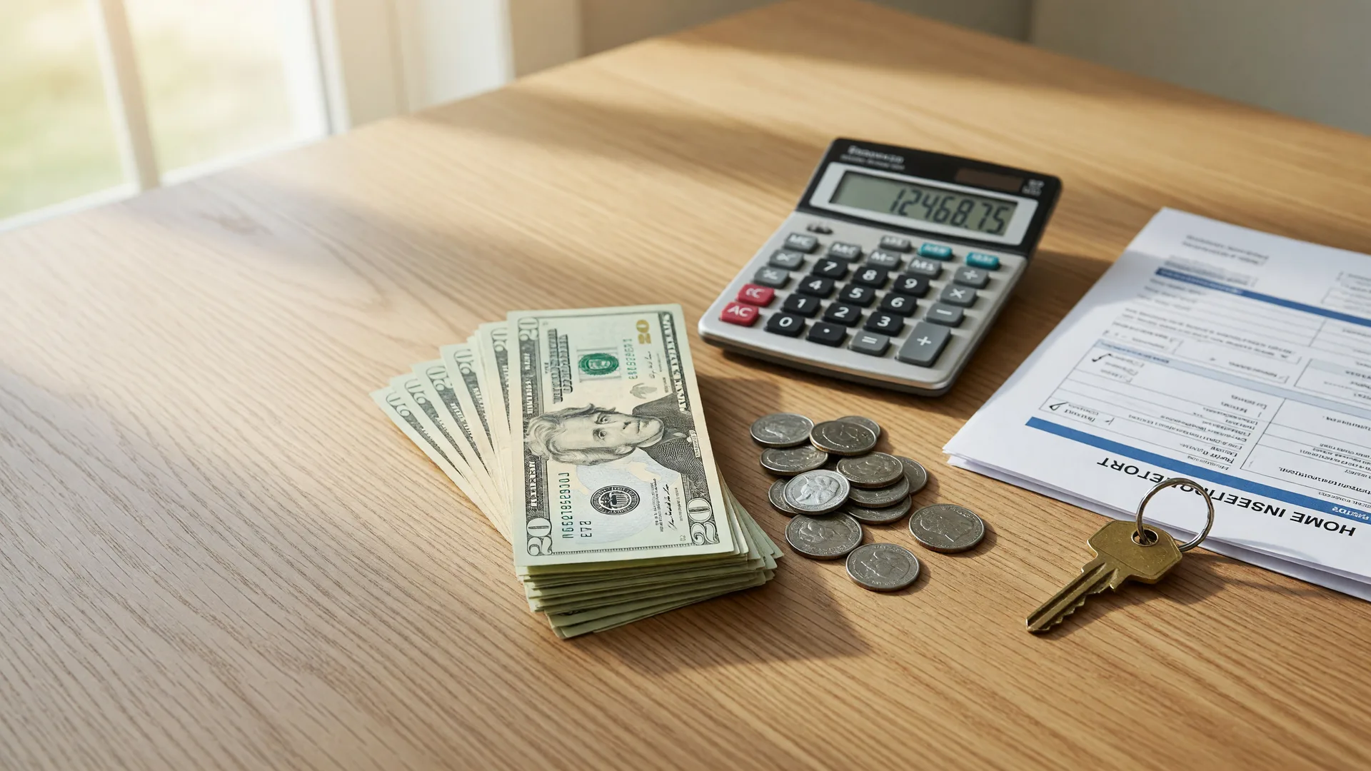 Stack of US currency, calculator, home inspection report, and brass house key on a light oak table