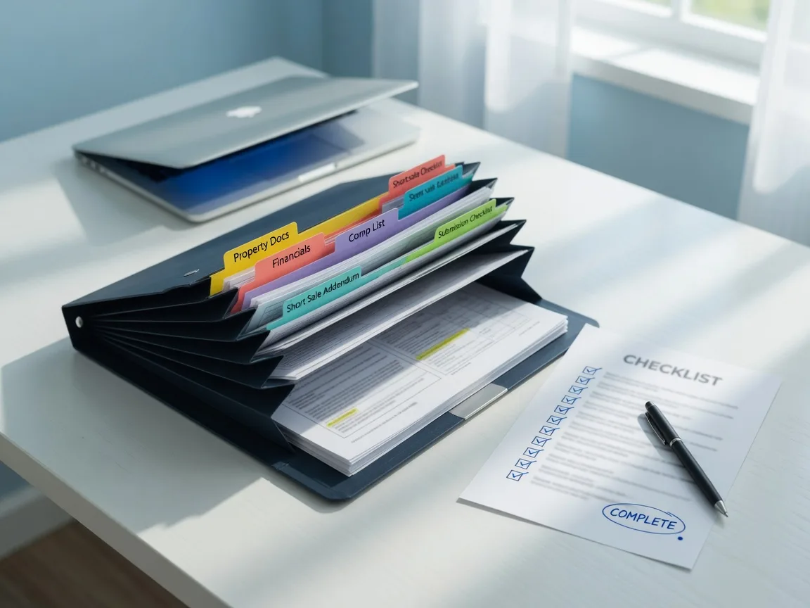 Complete short-sale package with tabbed folders, a checklist and documents ready for the lender.