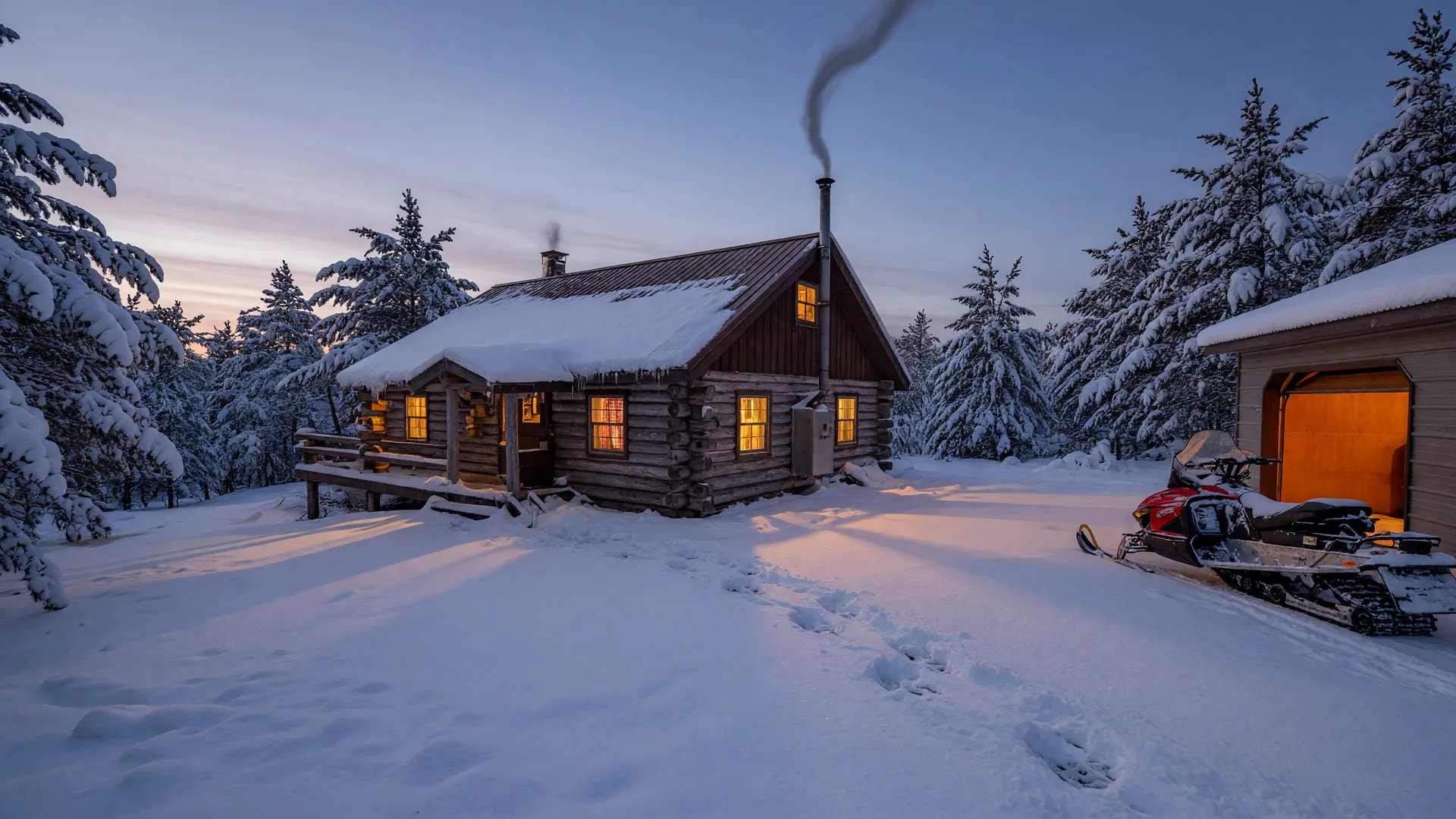 A log cabin in deep northern Wisconsin winter with warm window light and snow-laden pines
