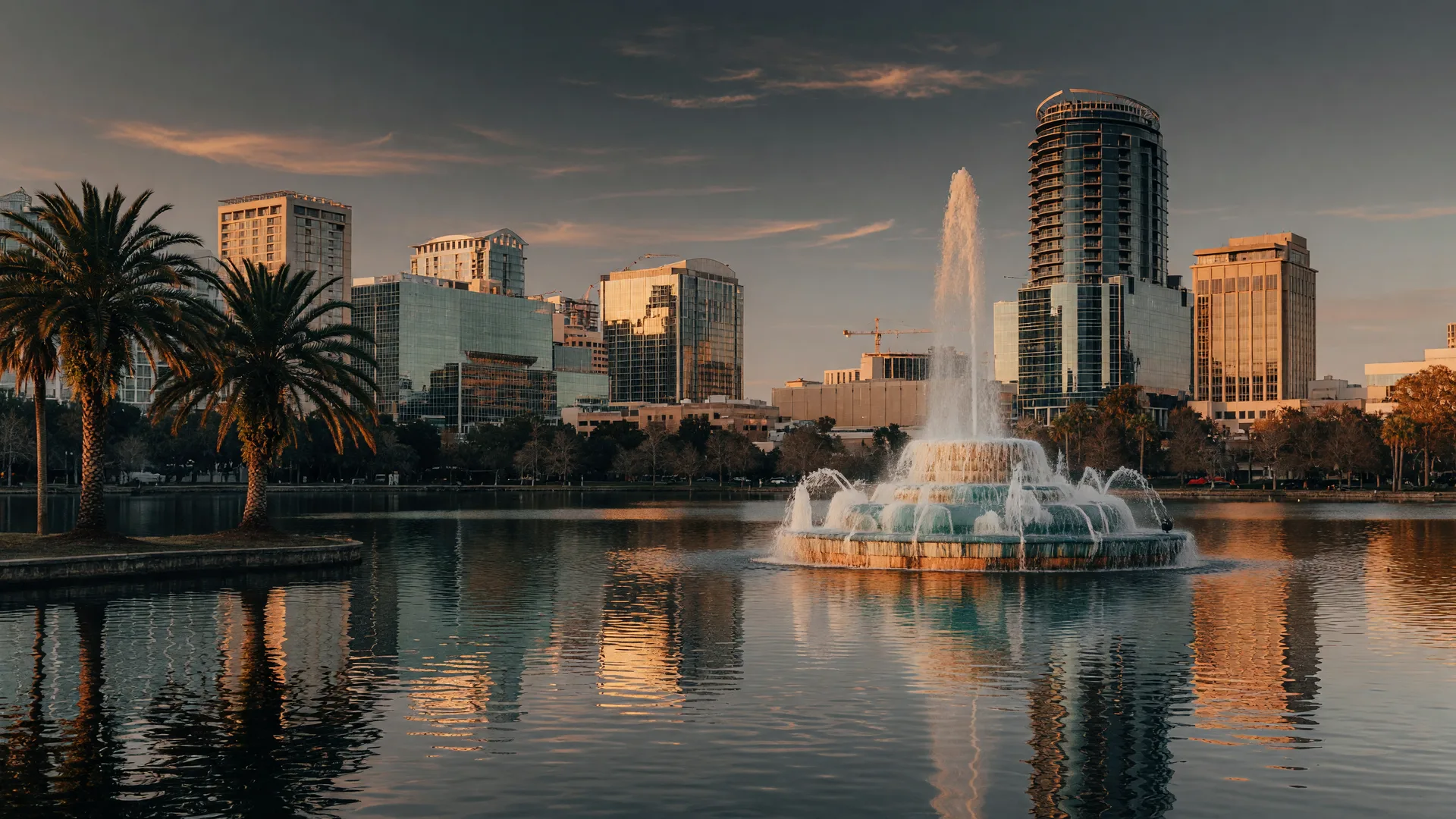 Downtown Orlando skyline at golden hour across Lake Eola with the fountain in the foreground