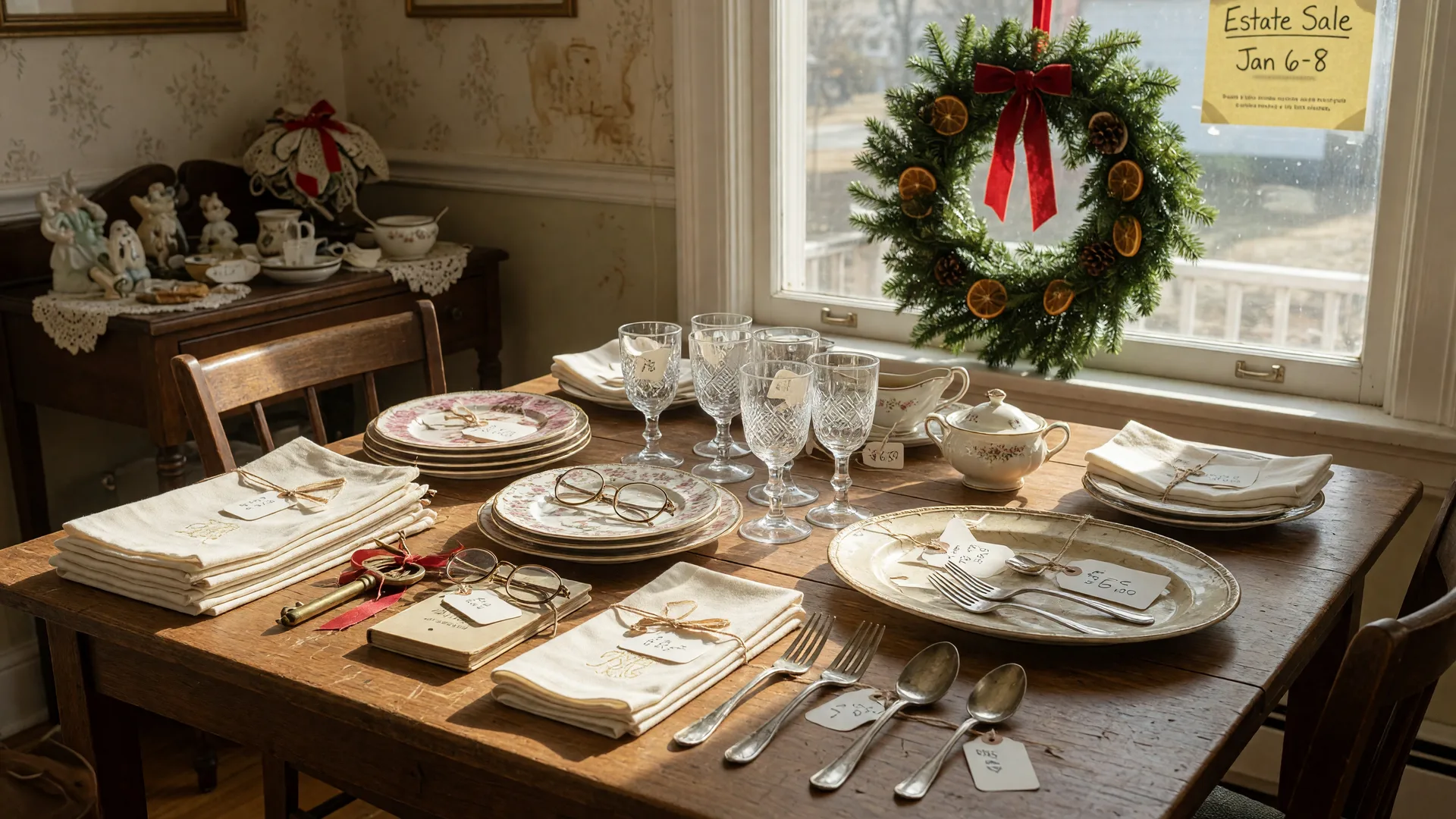 A warm still-life photograph of an estate sale table in a Northwest Indiana family home in the new year, with vintage china, pressed glass, and silverware each marked with small paper price tags, a brass house key and reading glasses beside folded linen, and an evergreen wreath by the window in soft winter morning light