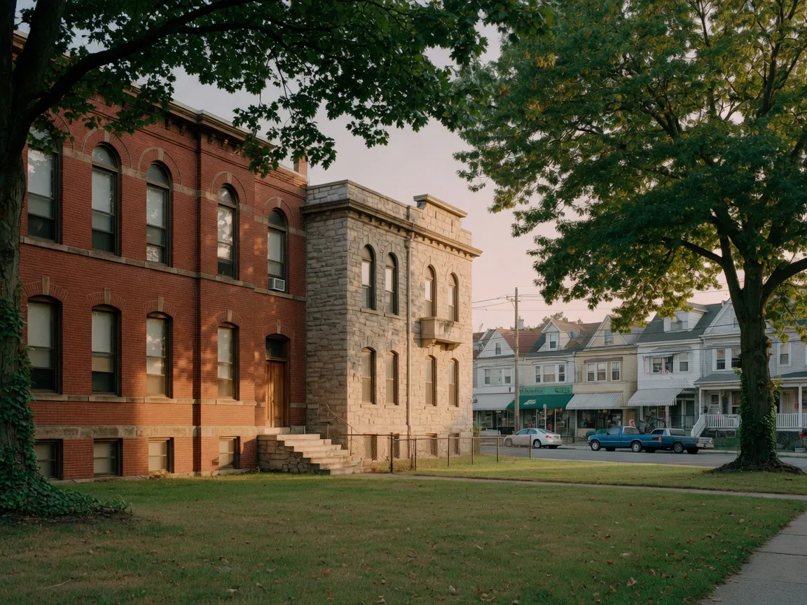 Historic brick former school and stone parish hall on the Sacred Heart campus at the corner of Bloomfield Avenue and State Street in Bloomfield NJ