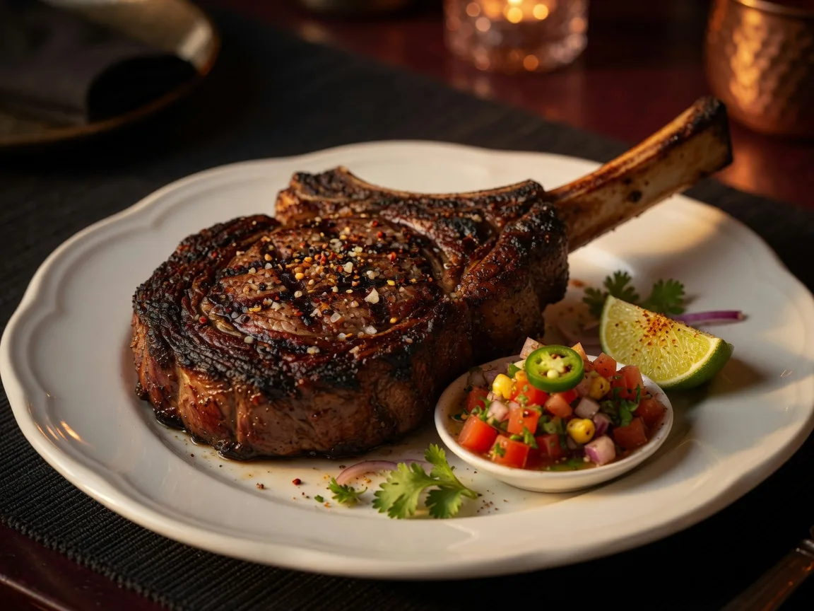 Beautifully grilled cowboy steak at Comida SRQ restaurant in Sarasota, Florida