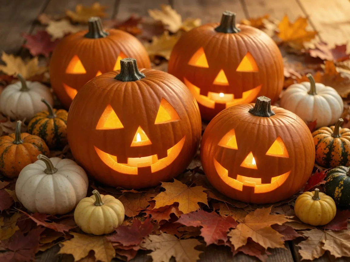 Carved pumpkins with friendly smiling faces glowing among autumn leaves and gourds