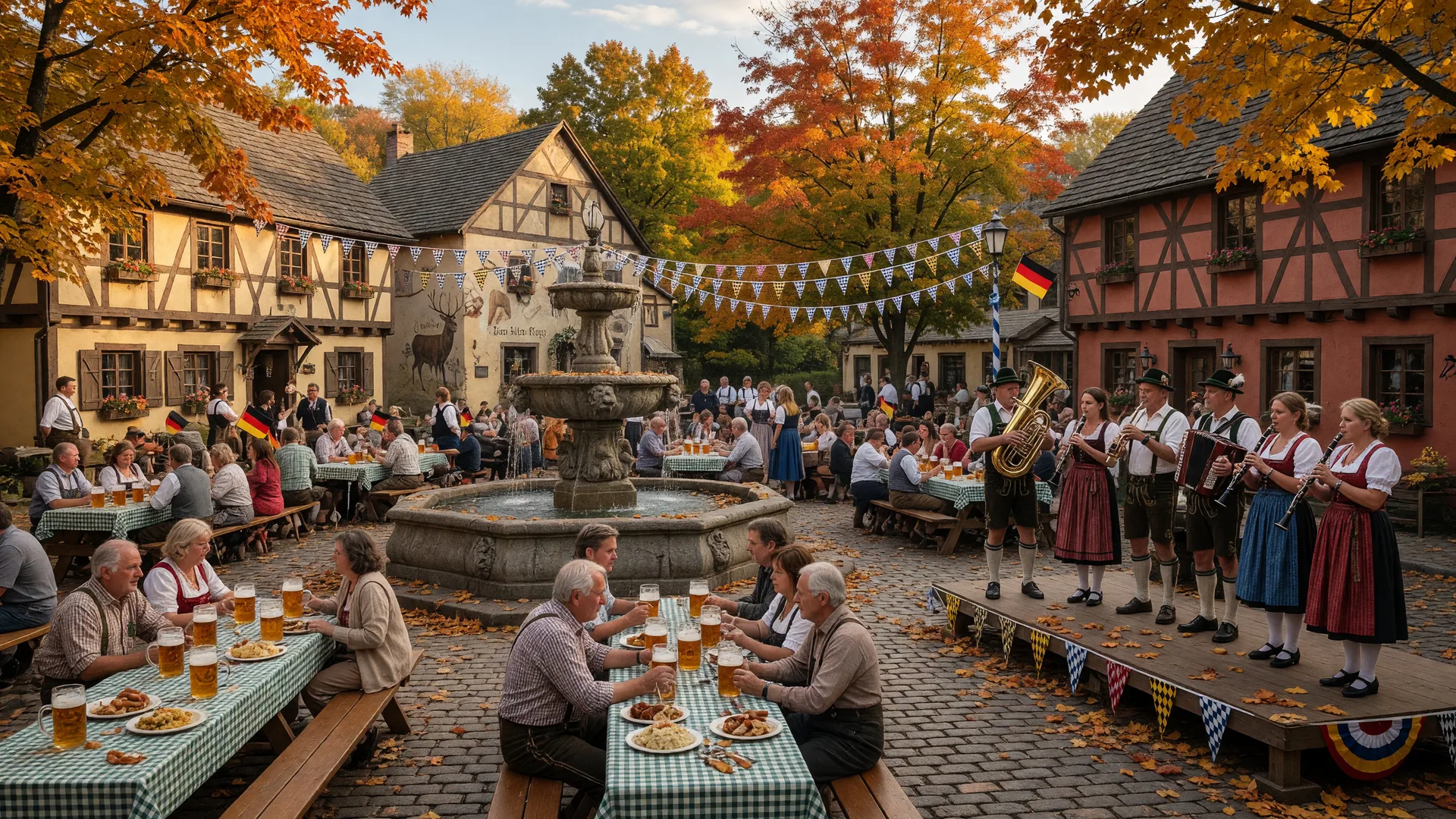Oktoberfest in a Bavarian-style village plaza in rural Pennsylvania with cobblestones, festive bunting and a brass band