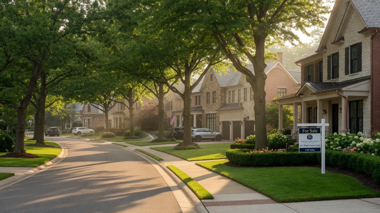 Upscale residential street in Westlake, Ohio with elegant custom homes and mature trees on a bright summer morning