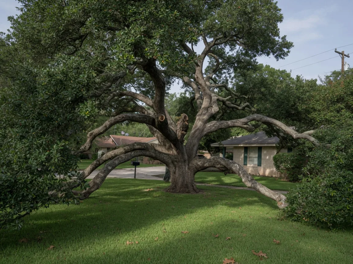 A large mature live oak with a broad canopy on a residential Hollywood Park lot
