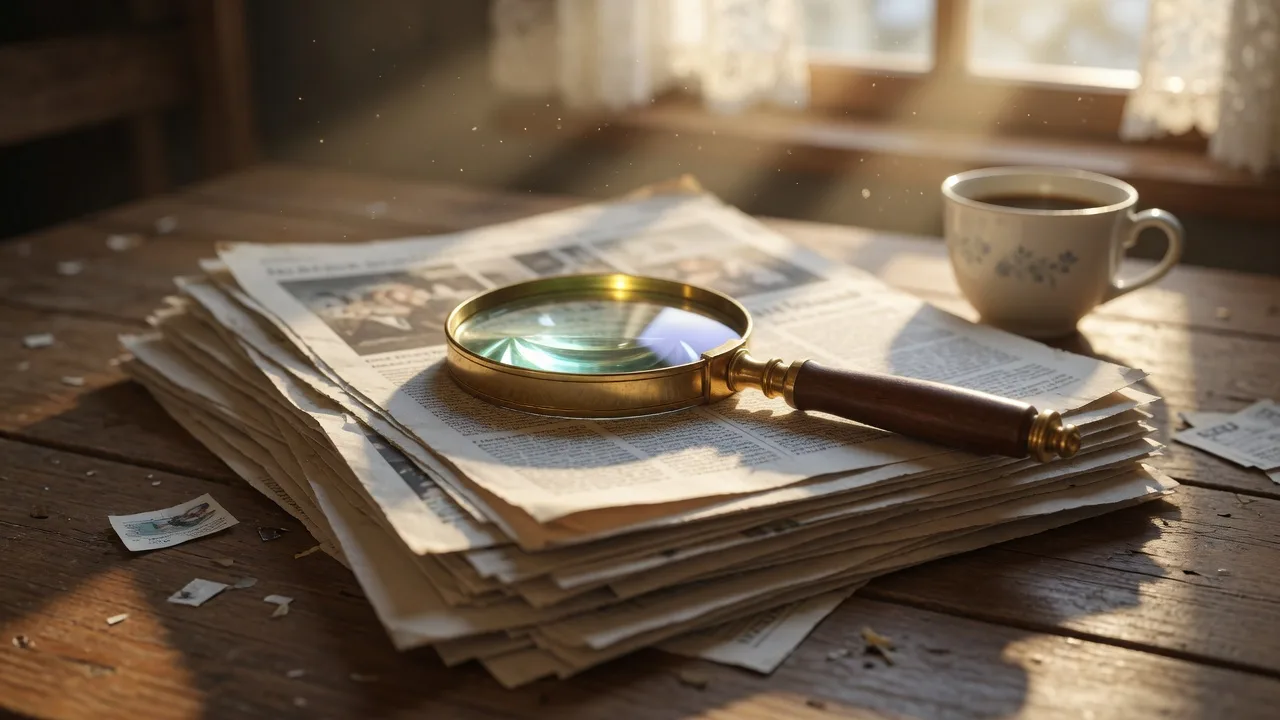 Professional editorial still life of newspapers and press clippings on a desk