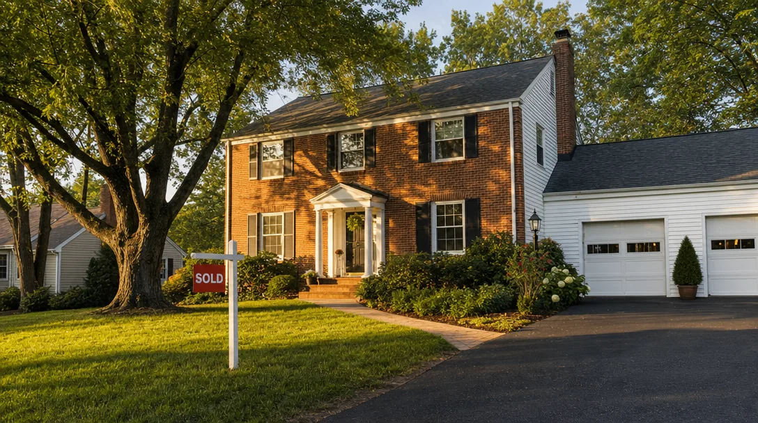 A colonial-style Maryland home with a SOLD sign in front, representing a successfully closed probate real estate sale