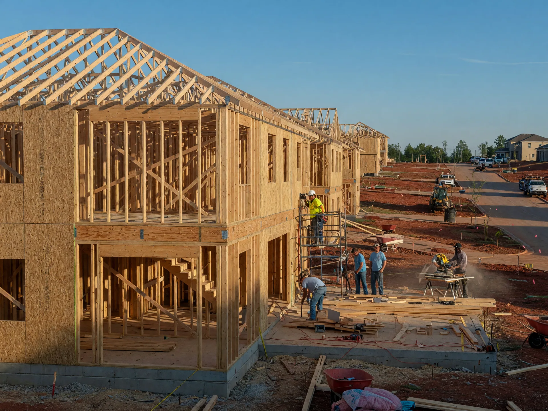 New construction home under framing in a Central Kentucky residential development, clear blue sky, afternoon sunlight