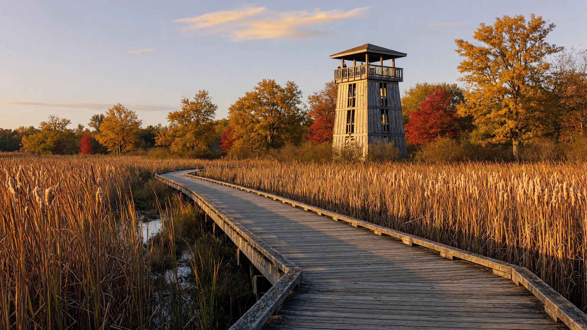 A wooden boardwalk winding through golden autumn wetland at Flushing Township Nature Park, with a two-story observation tower rising above the trees in the distance