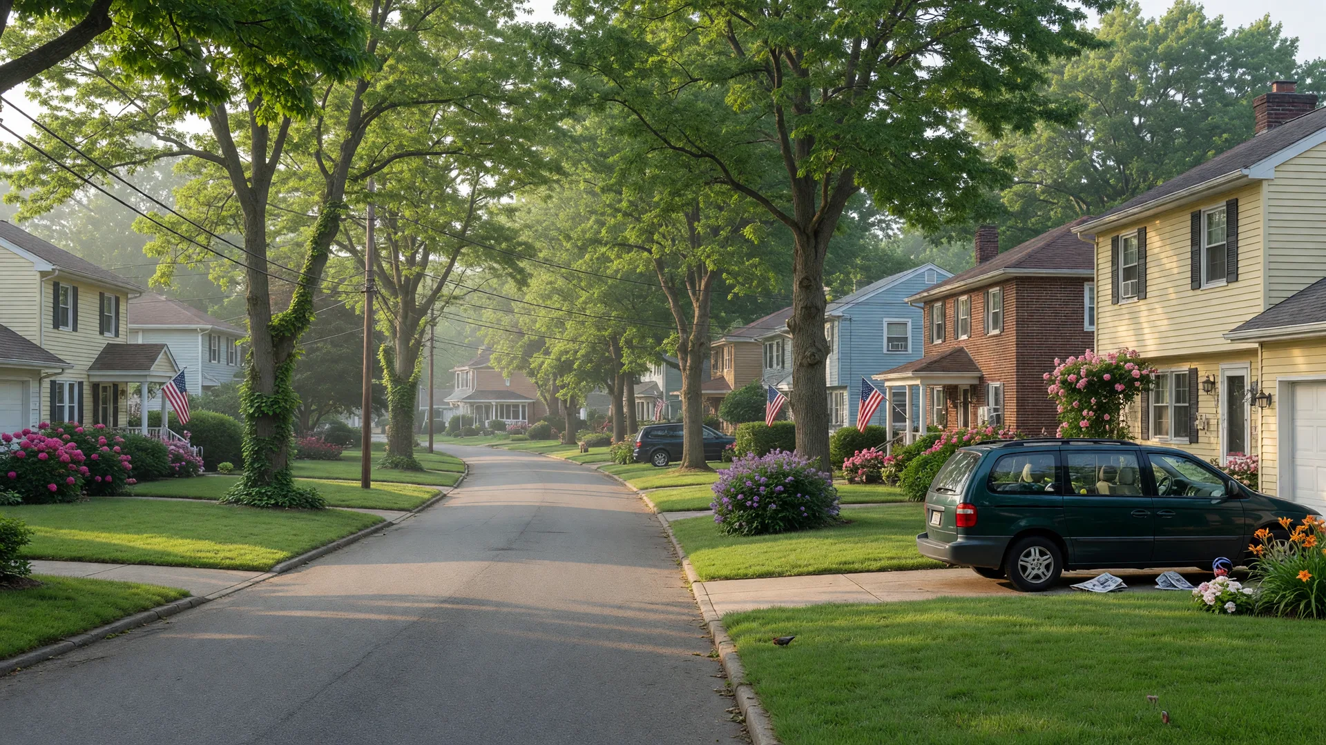Peaceful suburban New Jersey neighborhood on a summer morning with tree-lined streets