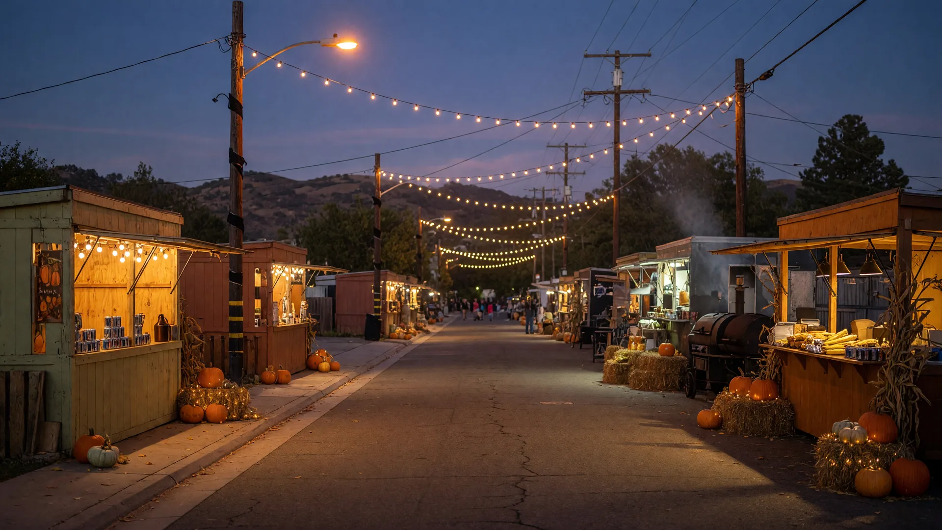 An early-autumn community festival evening in a Santa Clarita Valley downtown street with string lights and warm vendor stalls