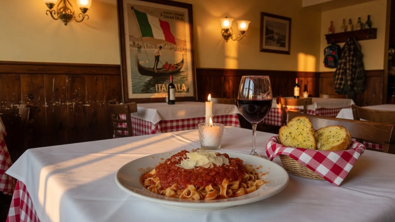 A plate of homemade fettuccine with red sauce and shaved parmesan, garlic bread and a glass of red wine on a white tablecloth at TJ's On The Avenue in Mentor Ohio, with a warm candlelit dining room softly blurred behind