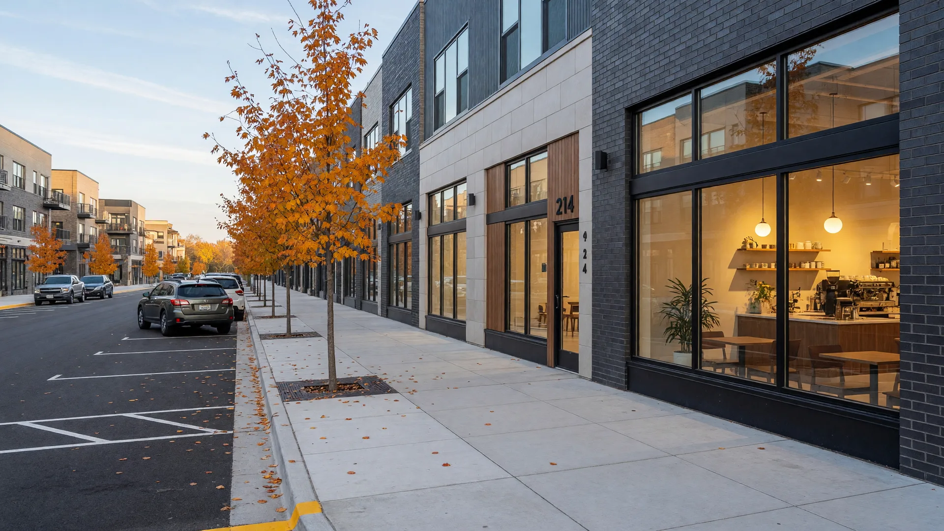 New retail and coffee shop storefronts on a newly built street in Baxter, Minnesota