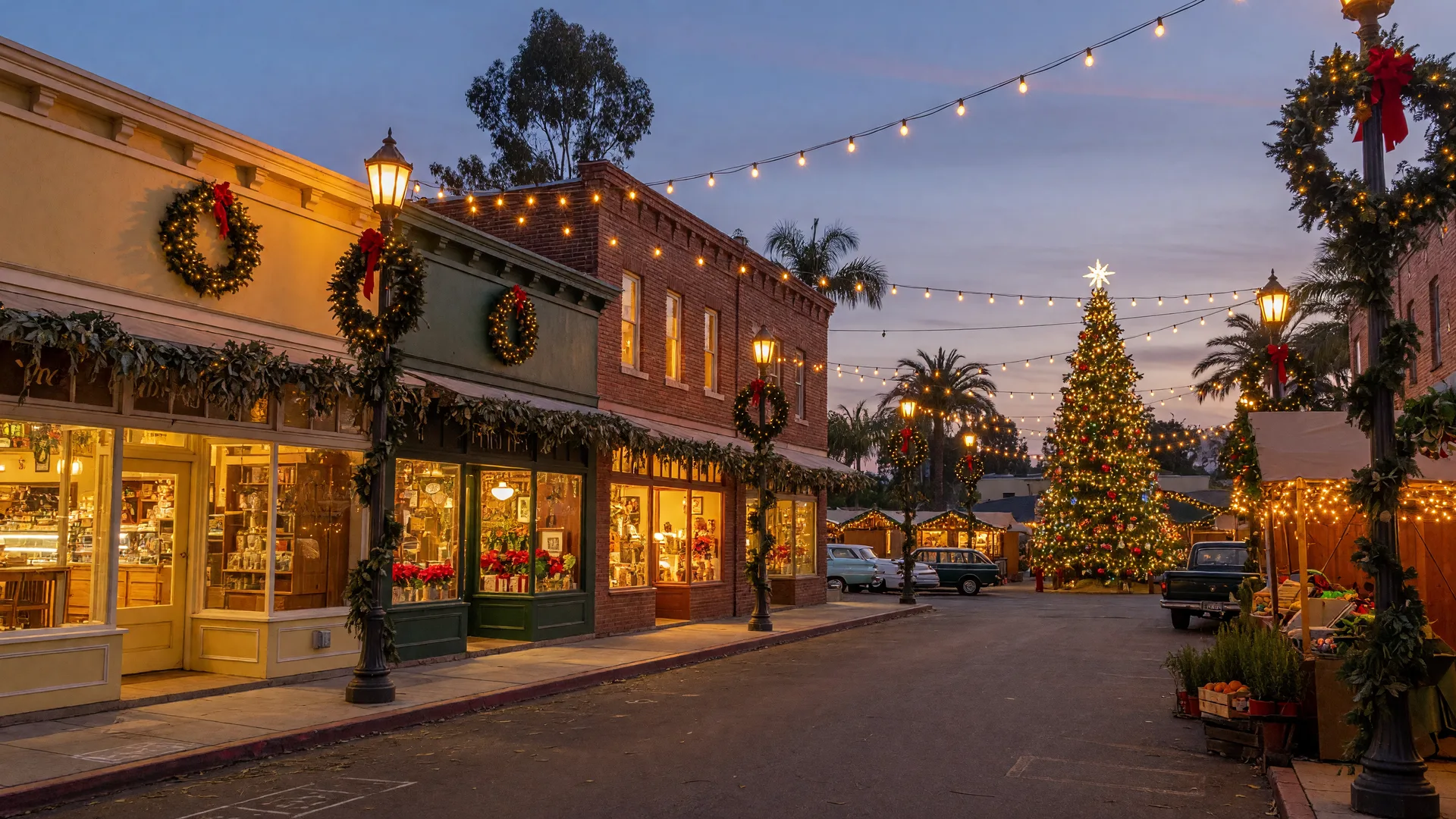 A festive holiday market on a small-town main street at dusk with warm string lights, wreaths, and a glowing decorated tree