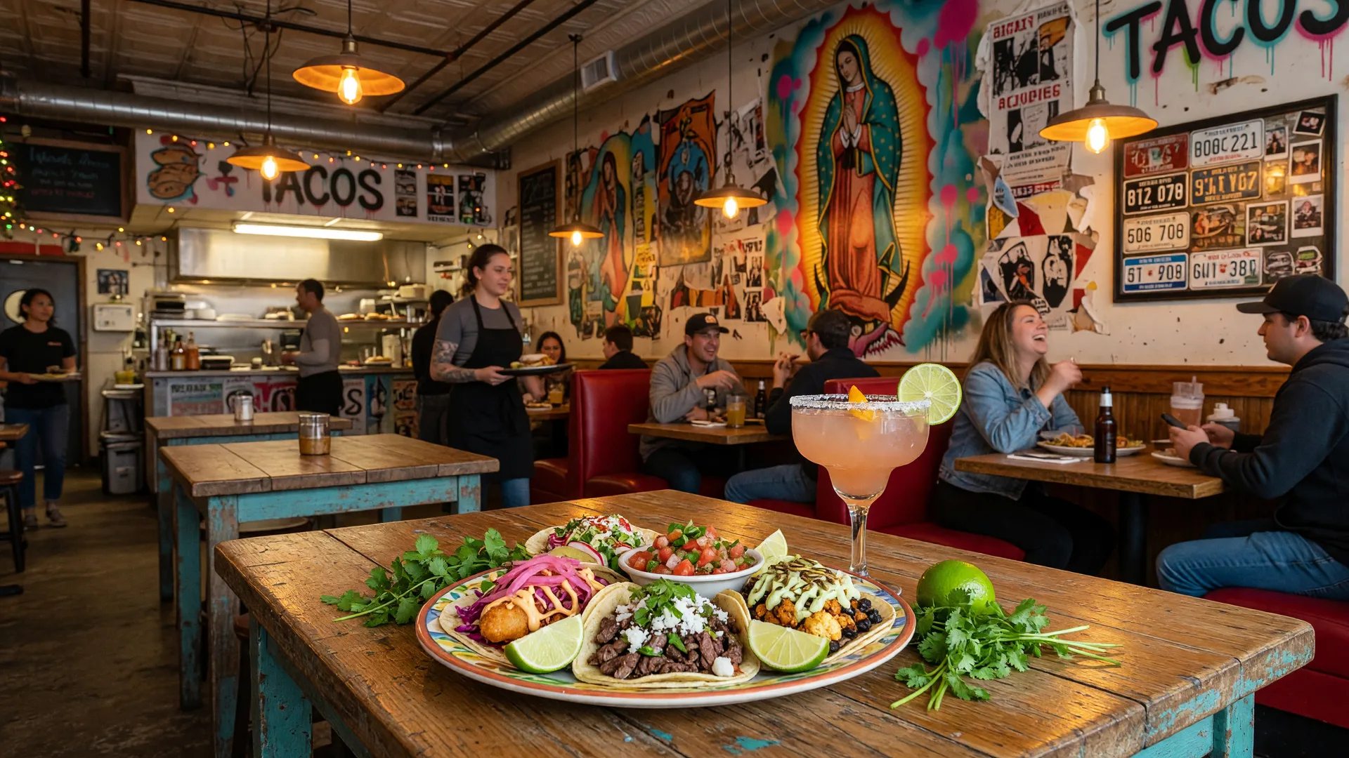 A vibrant taco platter and margarita at Agave and Rye in Centerville with eclectic urban decor and warm lighting