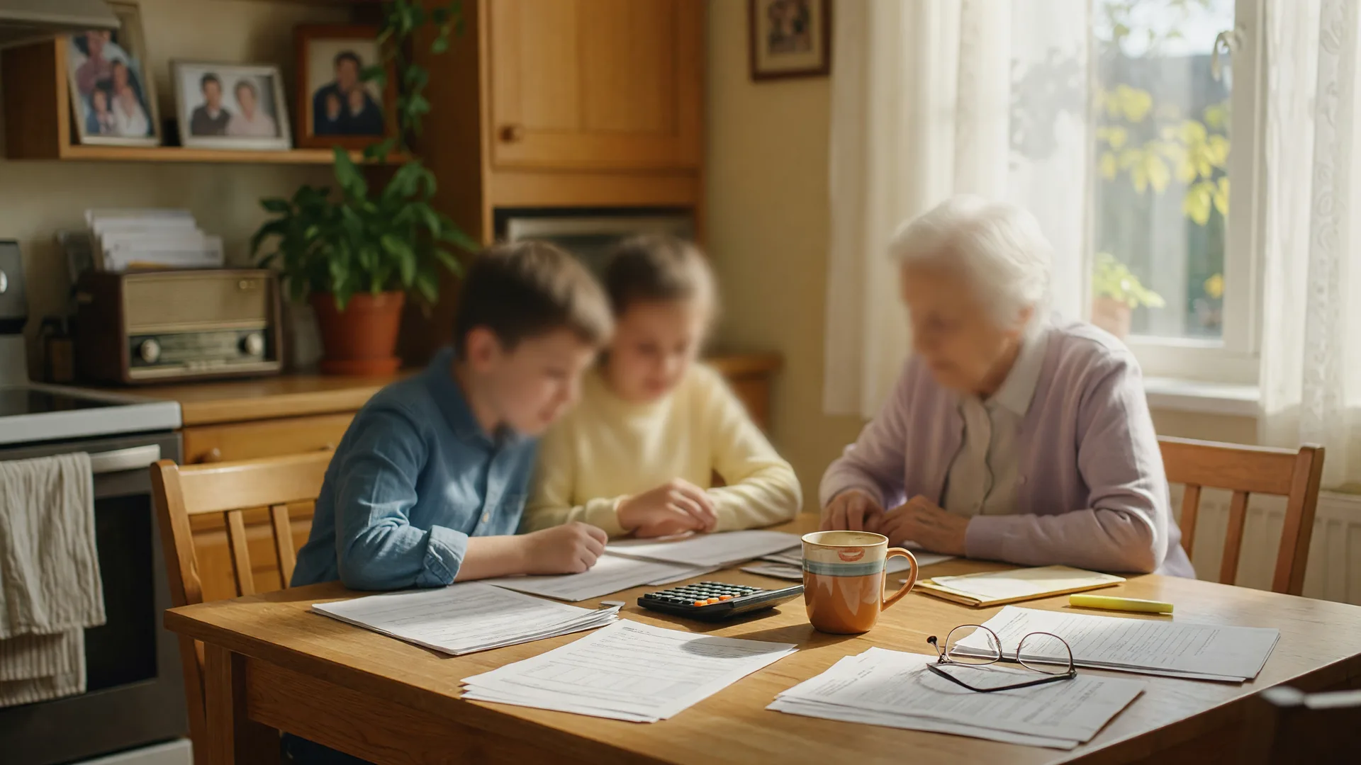 Adult children and a parent reviewing financial documents together at a warm kitchen table