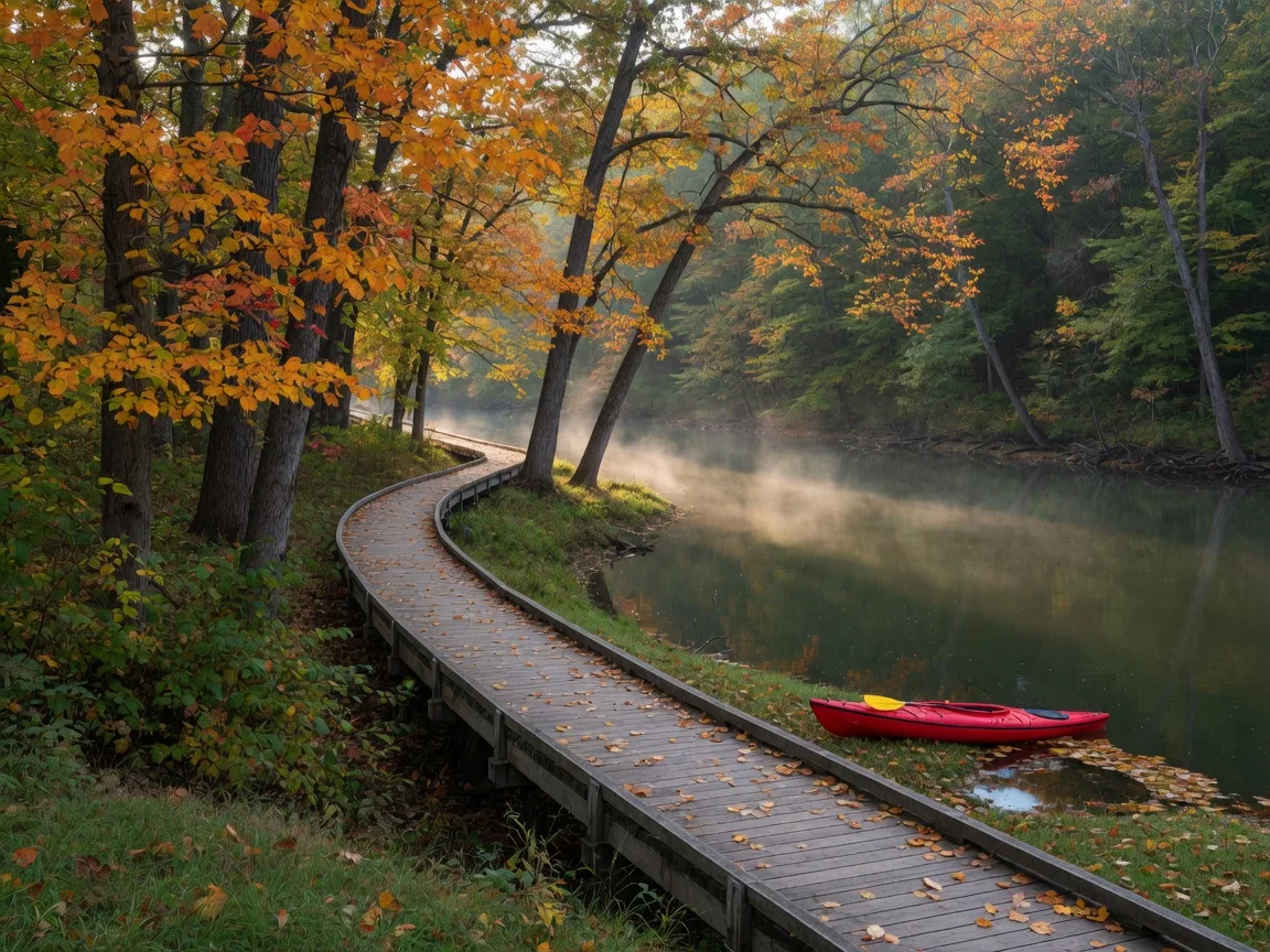 A wooden boardwalk trail winding through golden and orange autumn hardwoods beside the calm, misty Little Miami River at Narrows Reserve in Beavercreek Ohio, with a red kayak pulled up on the grassy bank in soft morning light