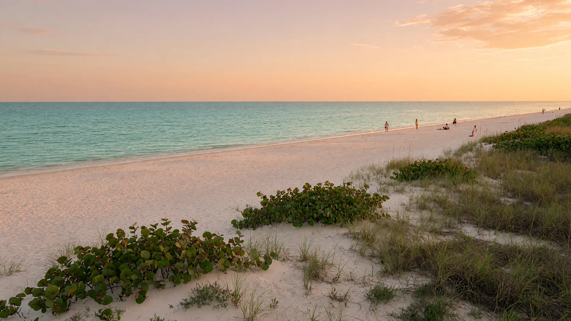 Tigertail Beach on Marco Island at golden hour with calm turquoise water, white sand, and dune grass along the shoreline