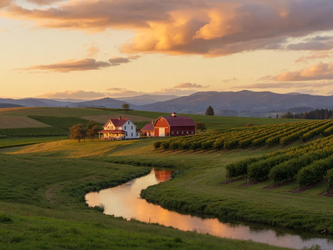 Willamette Valley farmland at golden hour