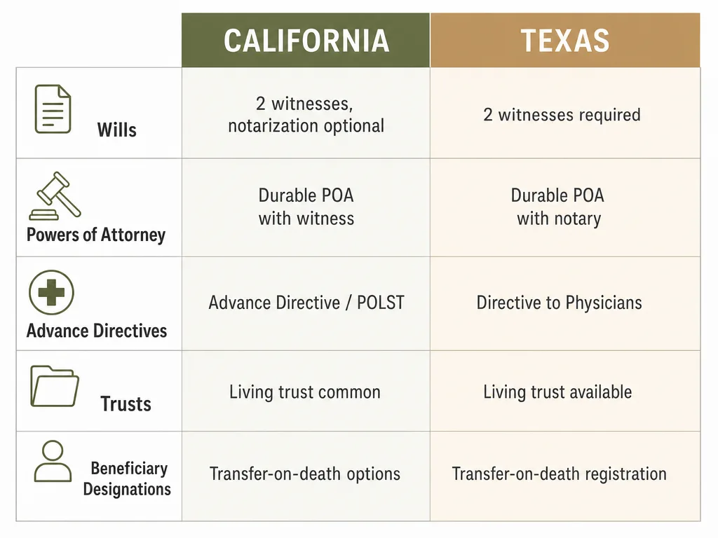 Summary comparison of California and Texas estate-planning documents; full qualified text appears in the table below.