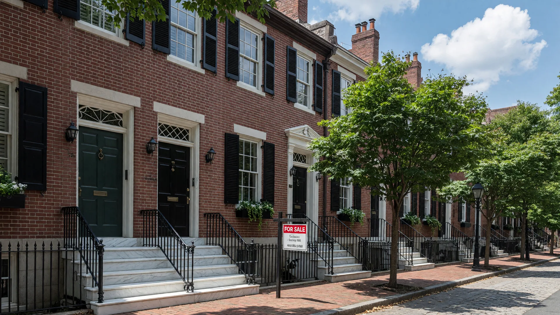 Society Hill historic row houses with cobblestone streets and Franklin gas lamps in Philadelphia