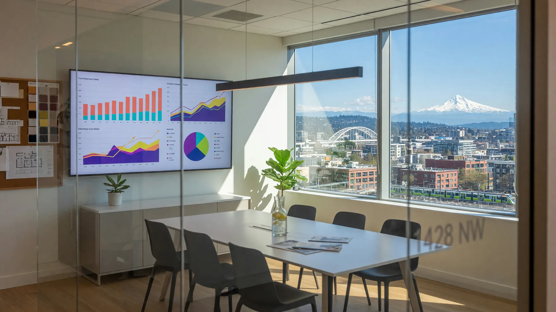 Modern real estate office with market data charts on screen and Mount Hood view in Portland