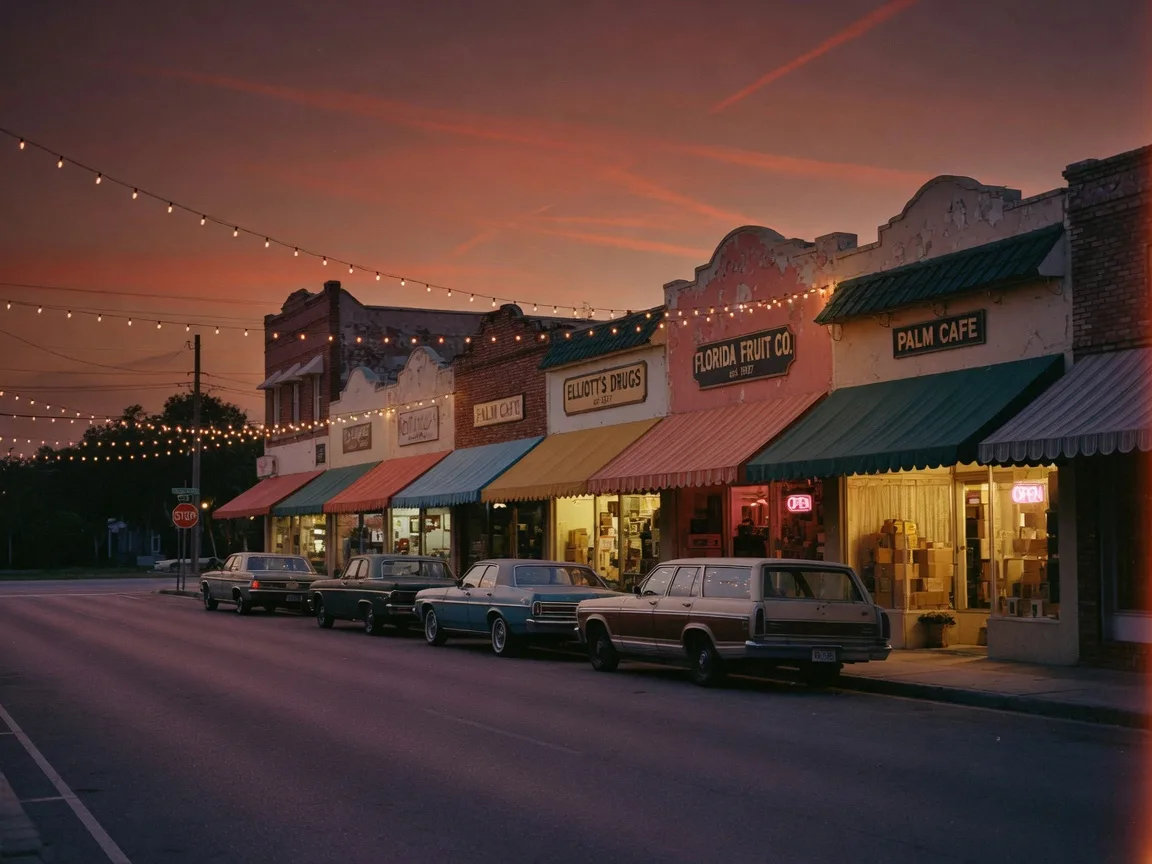 Historic downtown Leesburg, Florida main street at dusk