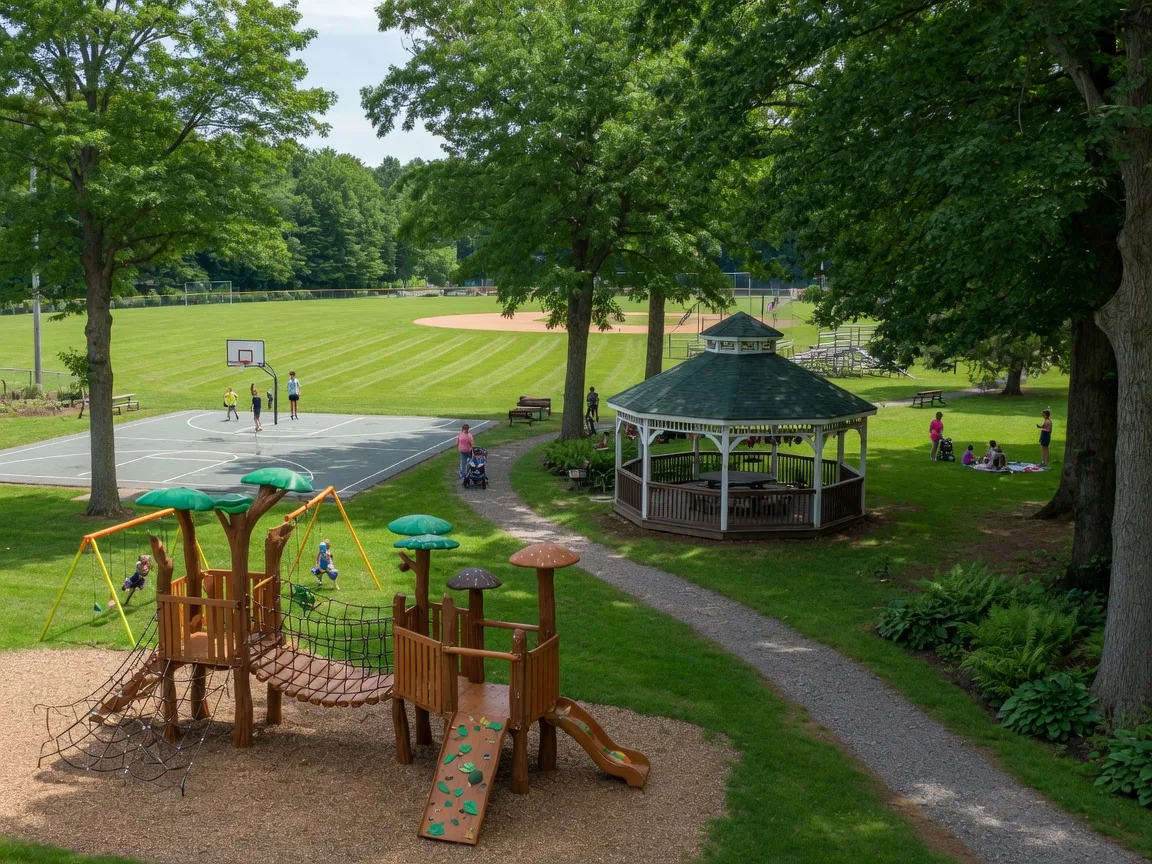 Glenolden Park on a bright summer afternoon with a forest-themed playground, sports fields, a gazebo, and families enjoying the green space