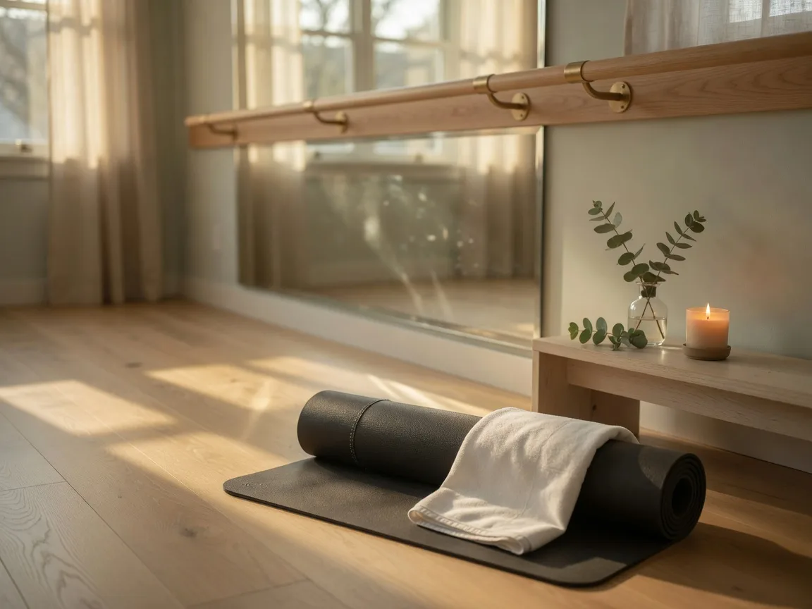 Rolled yoga mat and folded towel on oak flooring beside a ballet barre and mirror wall in a Naples studio, with morning light and a small candle