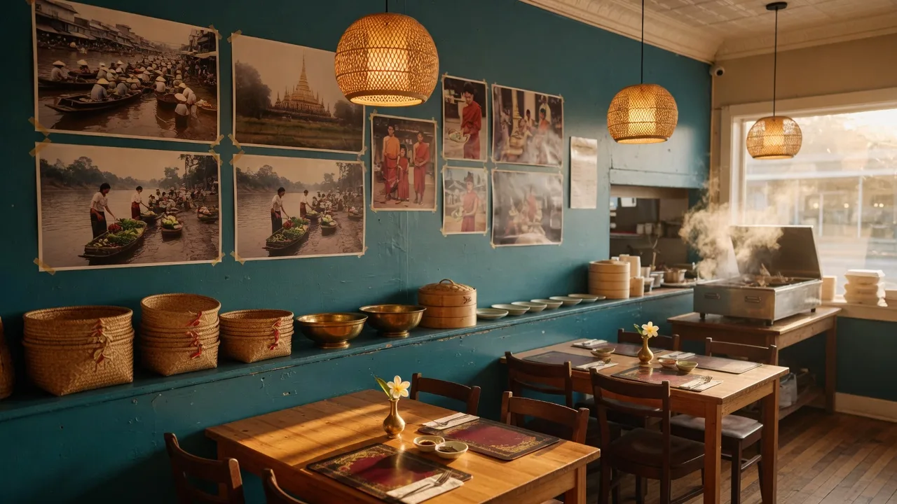 Warm intimate dining room of 4 Elephants Laotian restaurant in Flowery Branch Georgia with rattan pendant lanterns, wooden tables, and teal walls