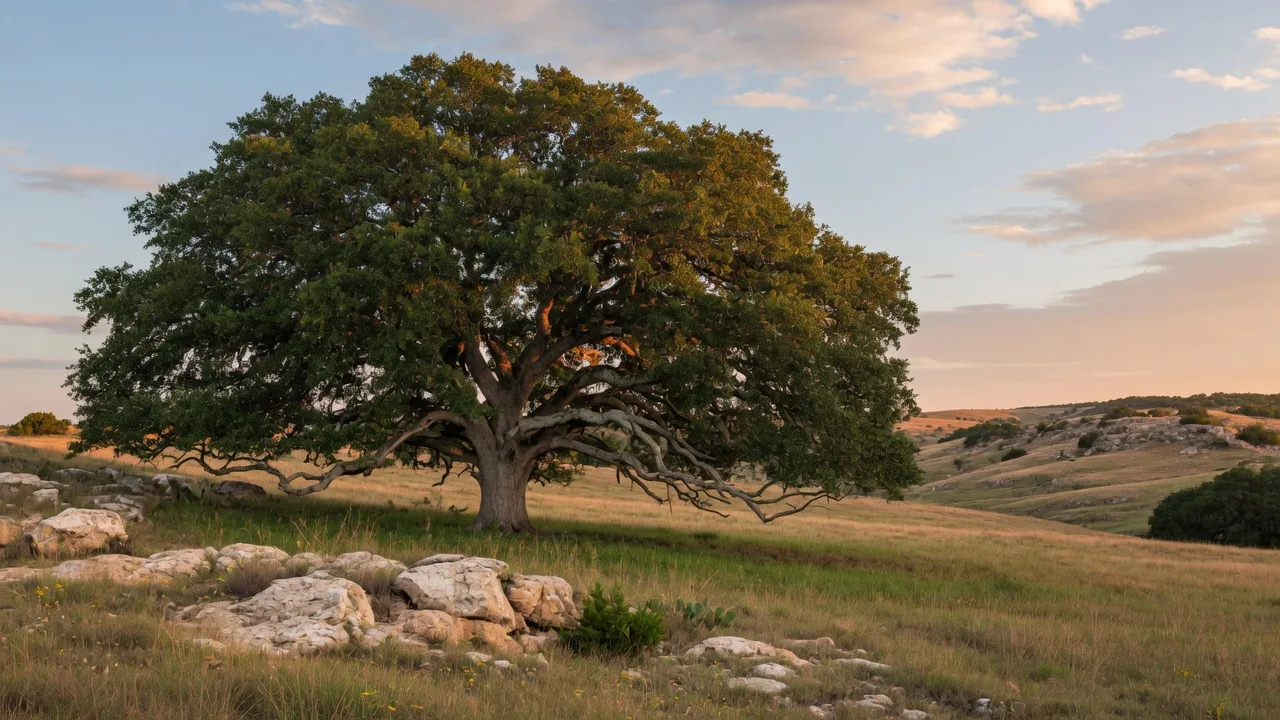 A mature live oak standing alone in a sunlit Texas Hill Country meadow, its canopy mostly deep green with a few bronze-tinged leaves