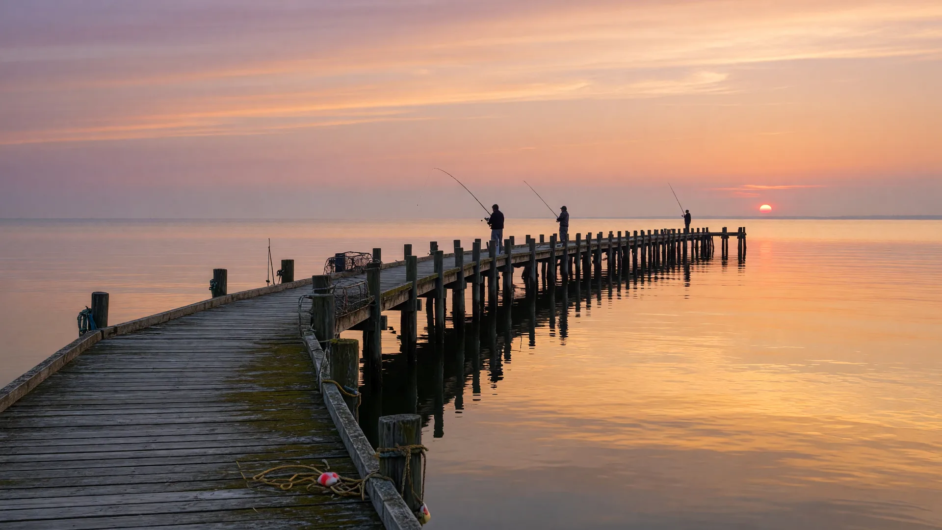 A bay fishing pier at golden hour with anglers