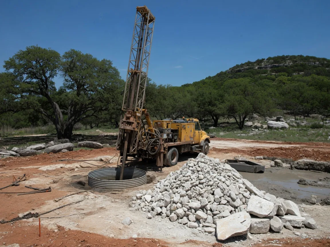 A portable water well drilling rig with its mast raised over an open borehole on a rural Texas Hill Country lot, limestone cuttings piled nearby under a bright blue sky