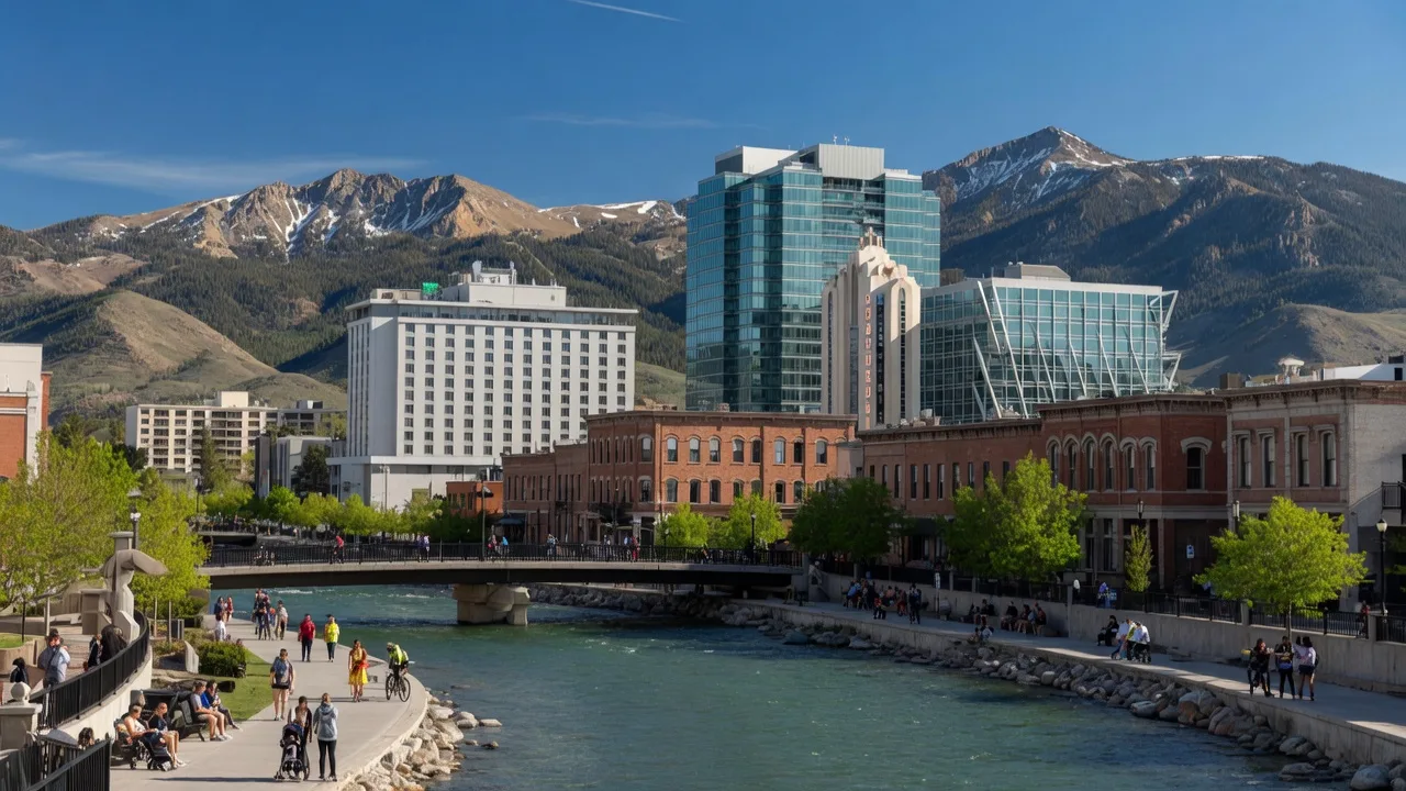 Reno downtown skyline with the Truckee River and Sierra Nevada mountains