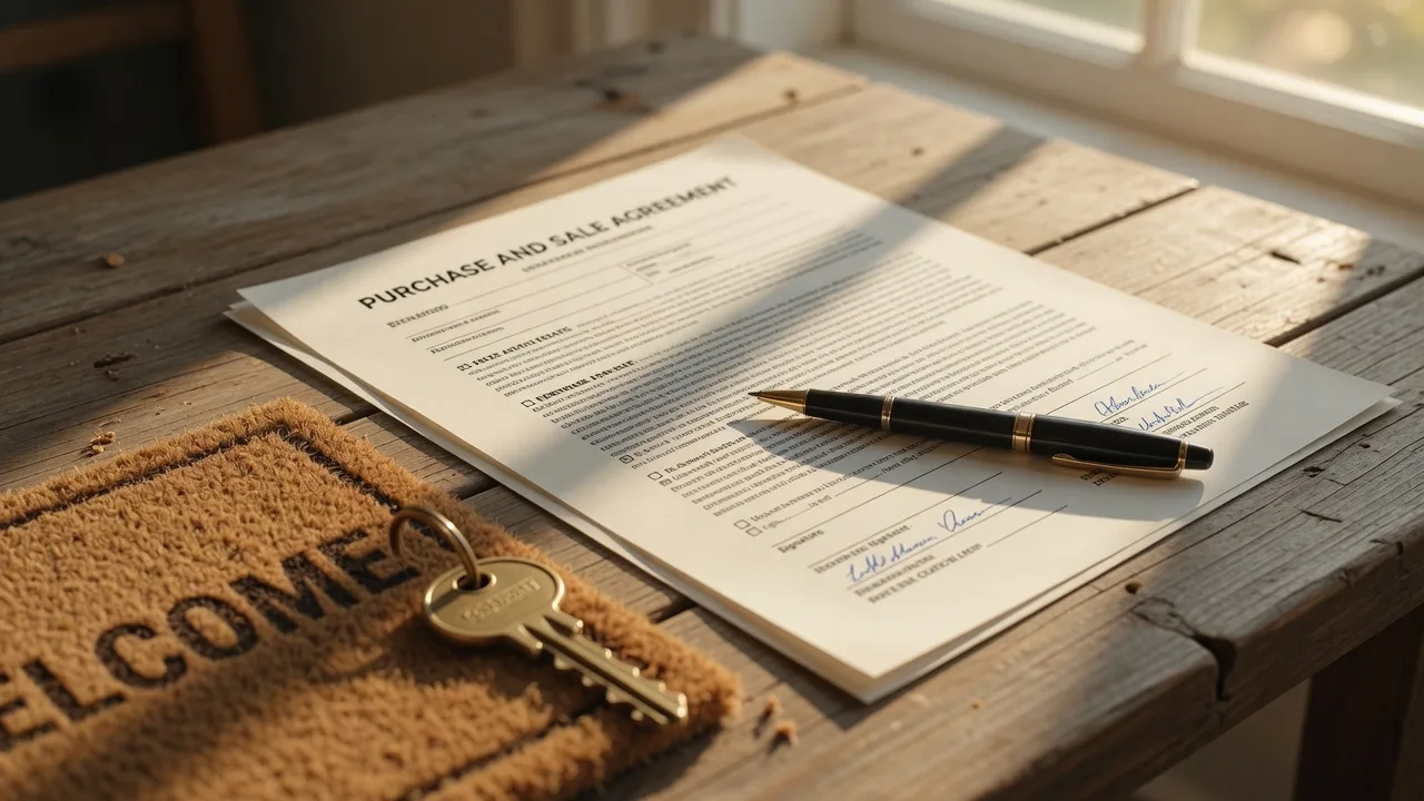 Real estate contract and pen with a house key on a wooden table