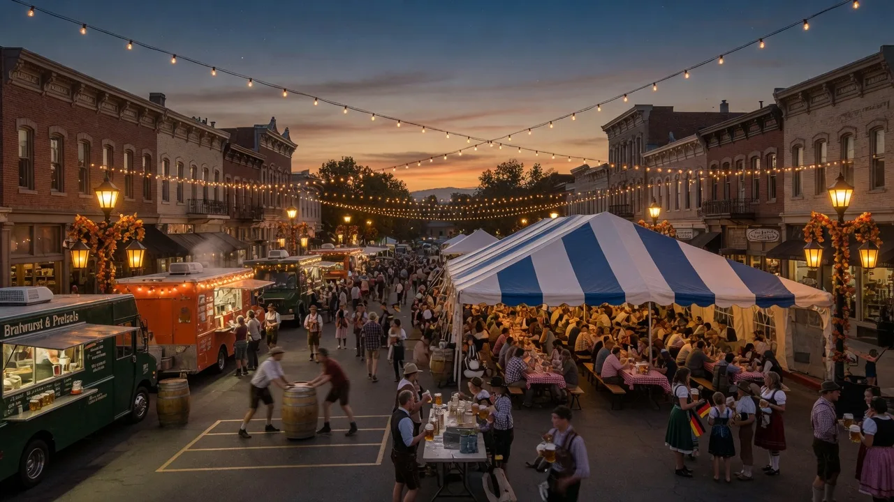 An Oktoberfest street celebration in Old Town Newhall, Santa Clarita with string lights, a biergarten tent, and food trucks at dusk