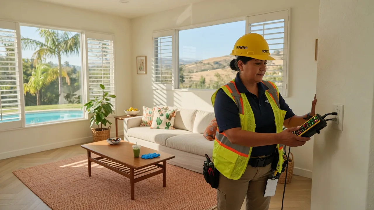 A professional home inspector examining a wall outlet in a bright California-style living room with natural light streaming through large windows