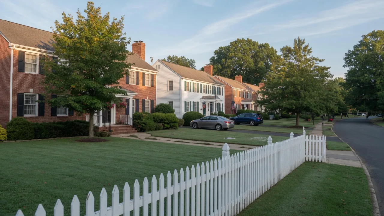 Quiet suburban street of brick and colonial homes in Burlington County, New Jersey on a crisp late-summer morning with deep lawns and mature shade trees