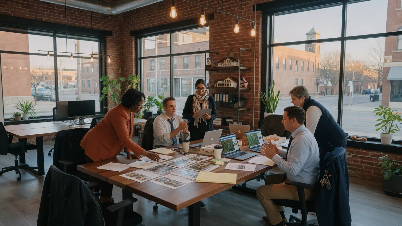 Real estate agents collaborating around a conference table in a modern Dayton Ohio office with natural afternoon light