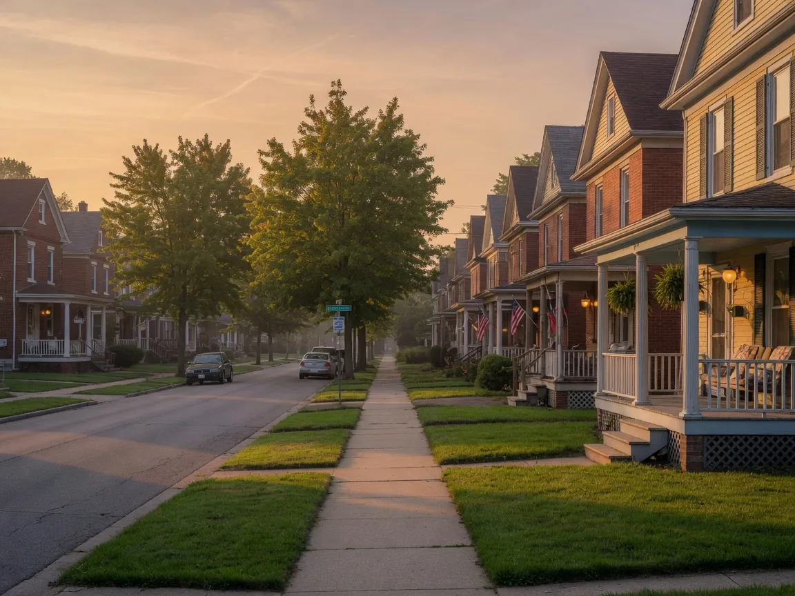 A quiet Cleveland street of classic homes at golden hour