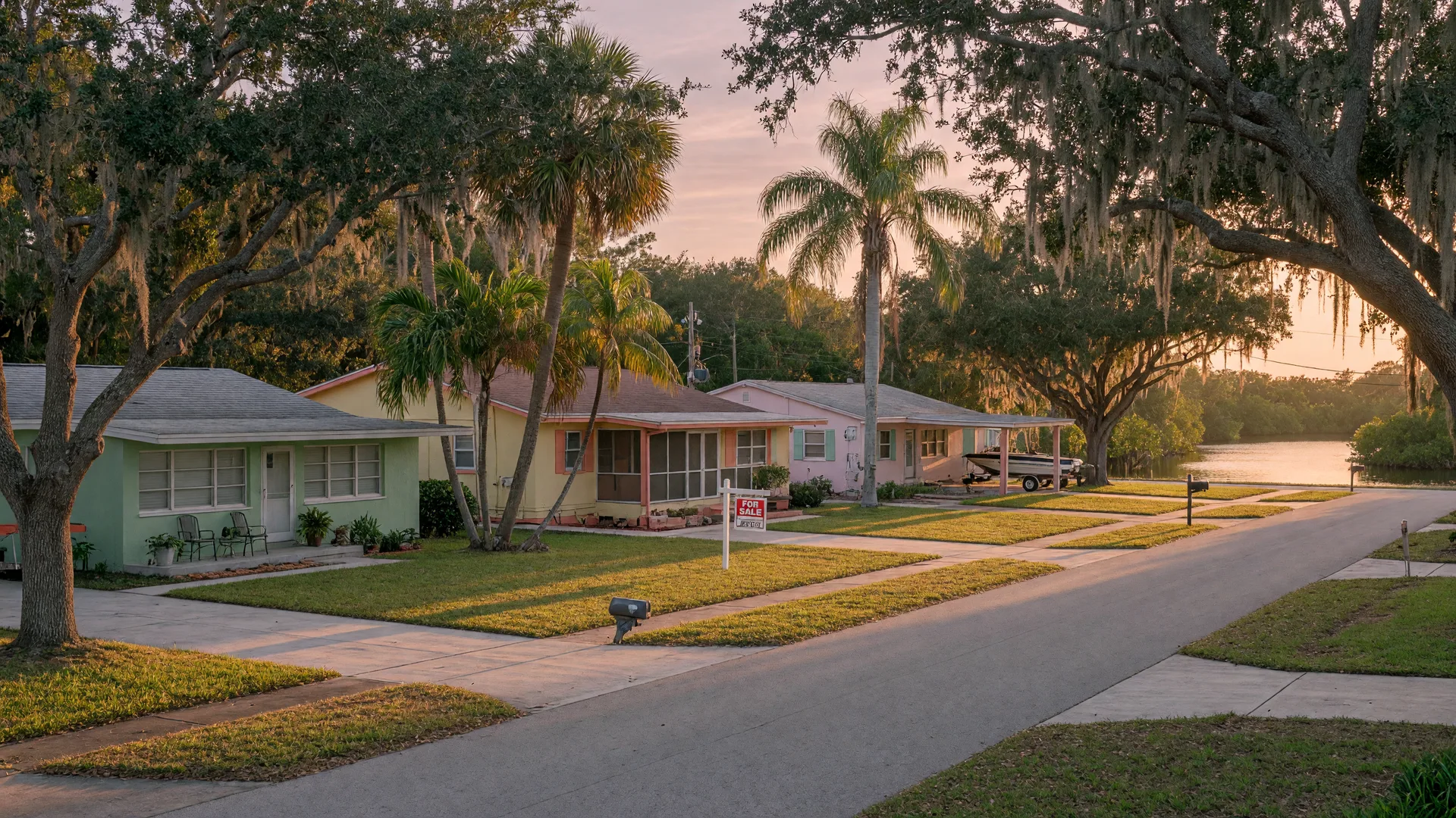 A quiet New Port Richey street at golden hour with pastel mid-century ranch homes, a For Sale sign on one lawn, and live oaks draped in Spanish moss arching over the road