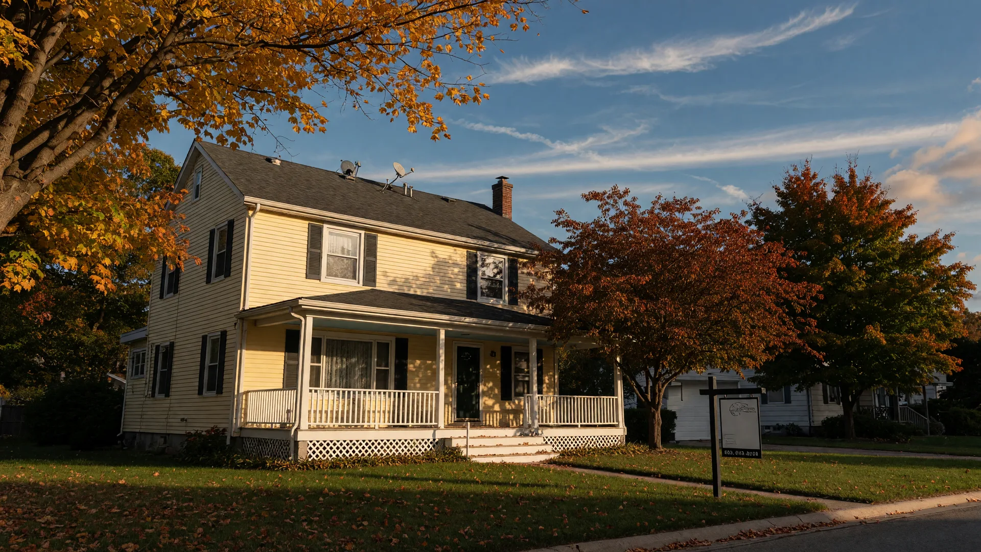 A classic two-story Mid-Michigan home with a real estate sign near the street, photographed at golden hour in early autumn with turning maple leaves