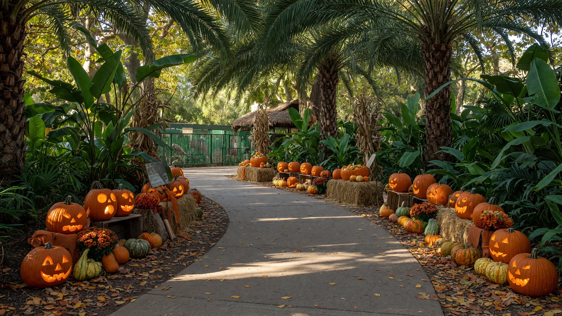 The entrance path of the Naples Zoo decorated for Boo at the Zoo in October with carved pumpkins and fall gourds among palm trees and tropical foliage