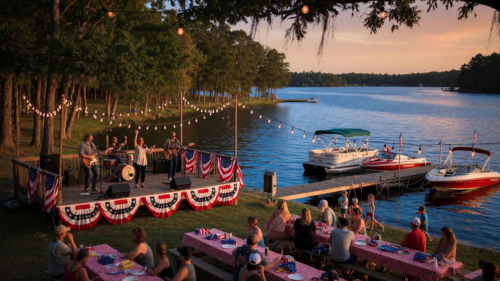 Labor Day weekend lakeside celebration on Lake Norman with a live band on stage under string lights at golden hour