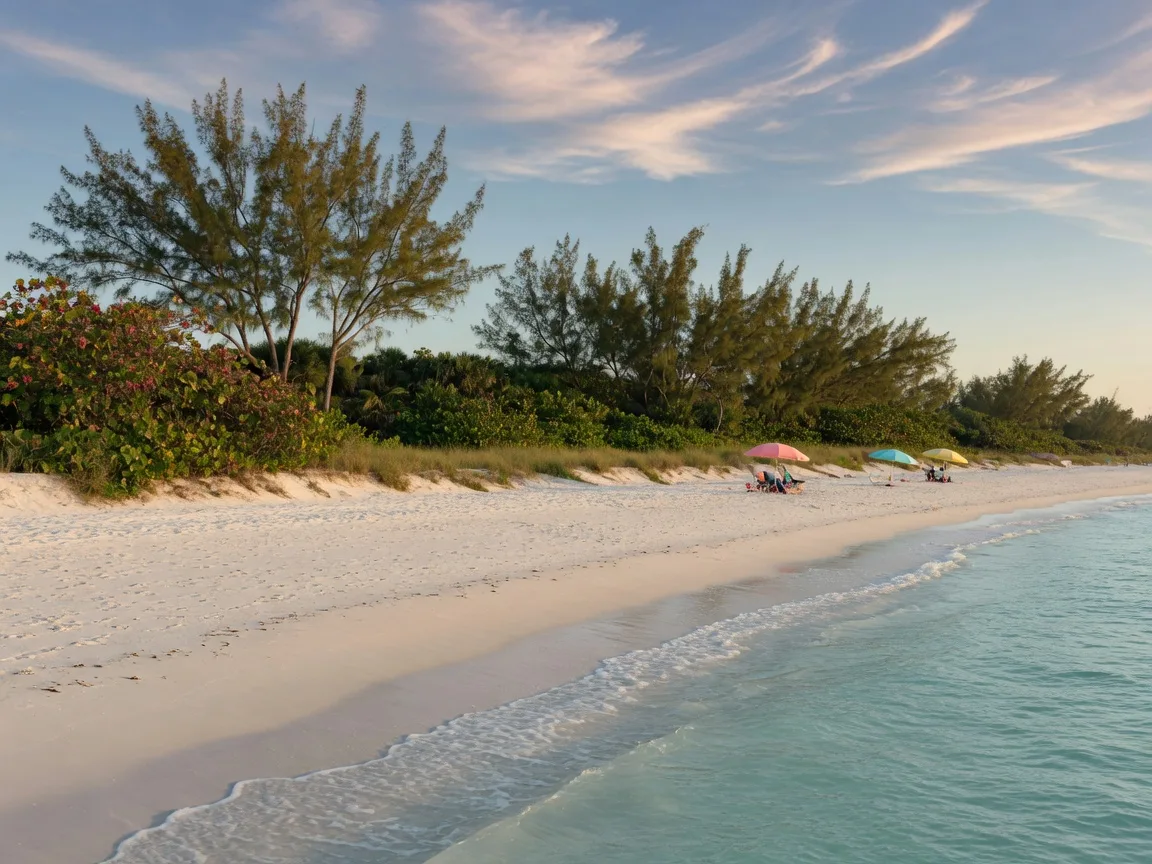 Wide white sand beach at Barefoot Beach in Bonita Springs, Florida on a clear morning, with gentle turquoise surf, sea grape and Australian pine trees along the dune line, and a few distant umbrellas
