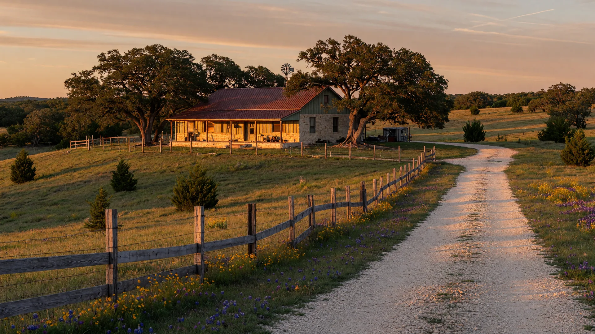 A rustic limestone ranch-style home on acreage near Bergheim, TX with a metal roof among live oaks at golden hour, the kind of Hill Country property a home inspector in Bergheim TX reviews