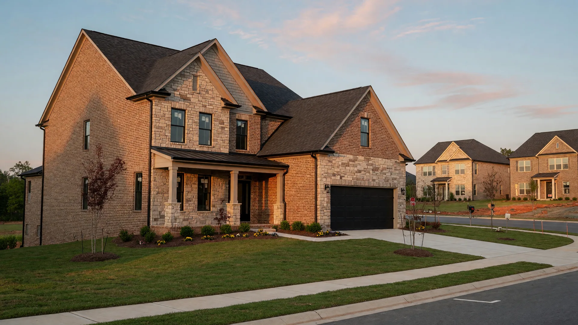 New construction brick and stone home in a Metro Atlanta subdivision at golden hour