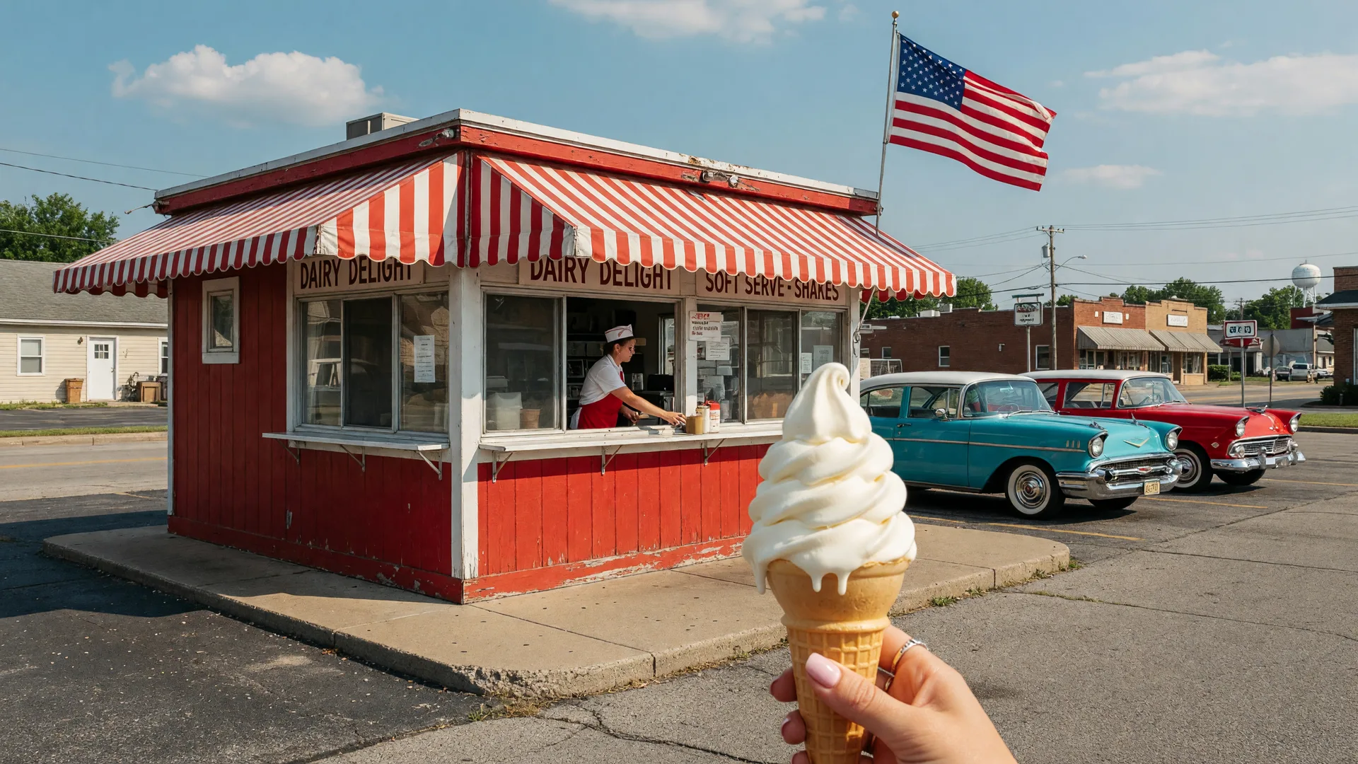 A nostalgic red-and-white American drive-in ice cream stand with a striped awning and a waffle-cone soft serve in the foreground in Springboro Ohio